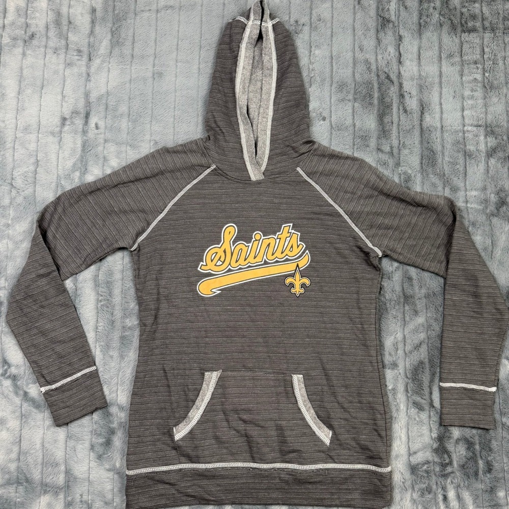 NFL Team Apparel New Orleans Saints Hoodie Gray Raglan Sweatshirt Womens L 7713